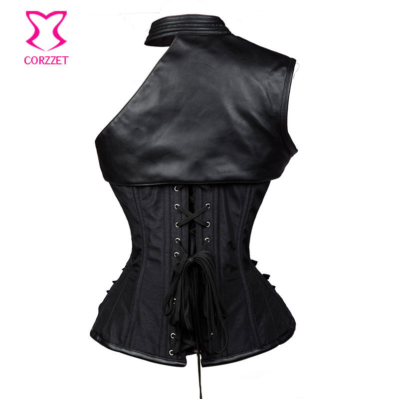 Gothic Black Leather Corset Steampunk Bustier With Shoulder Bolero - aleph-zero