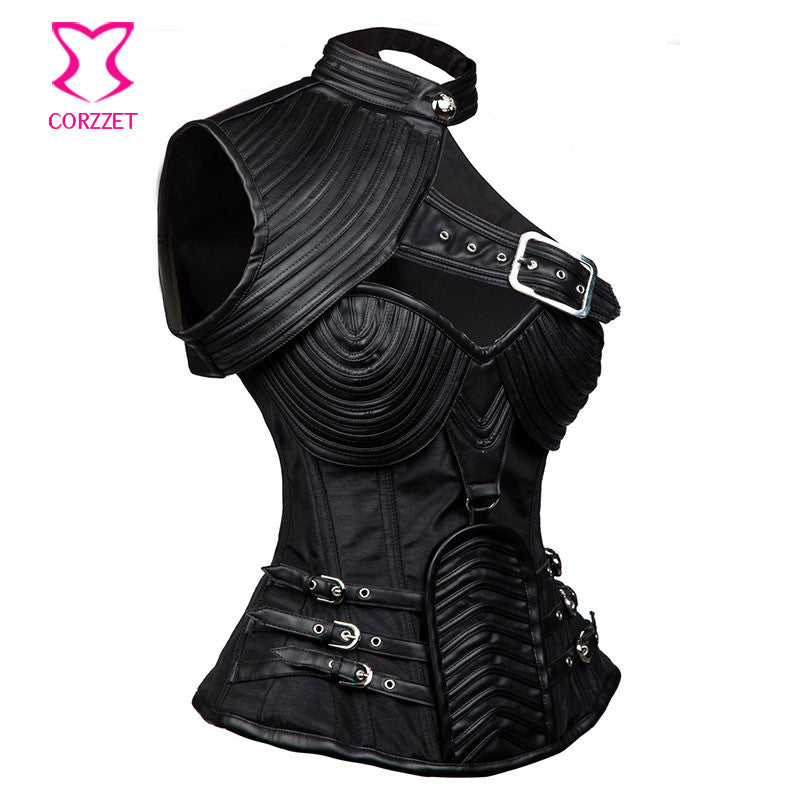 Gothic Black Leather Corset Steampunk Bustier With Shoulder Bolero - aleph-zero