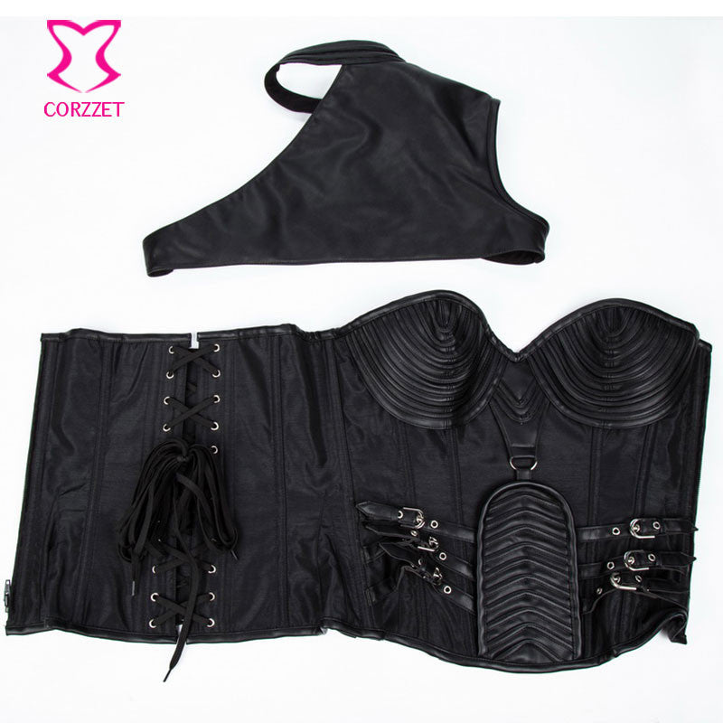 Gothic Black Leather Corset Steampunk Bustier With Shoulder Bolero - aleph-zero