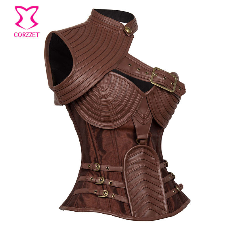 Gothic Black Leather Corset Steampunk Bustier With Shoulder Bolero - aleph-zero