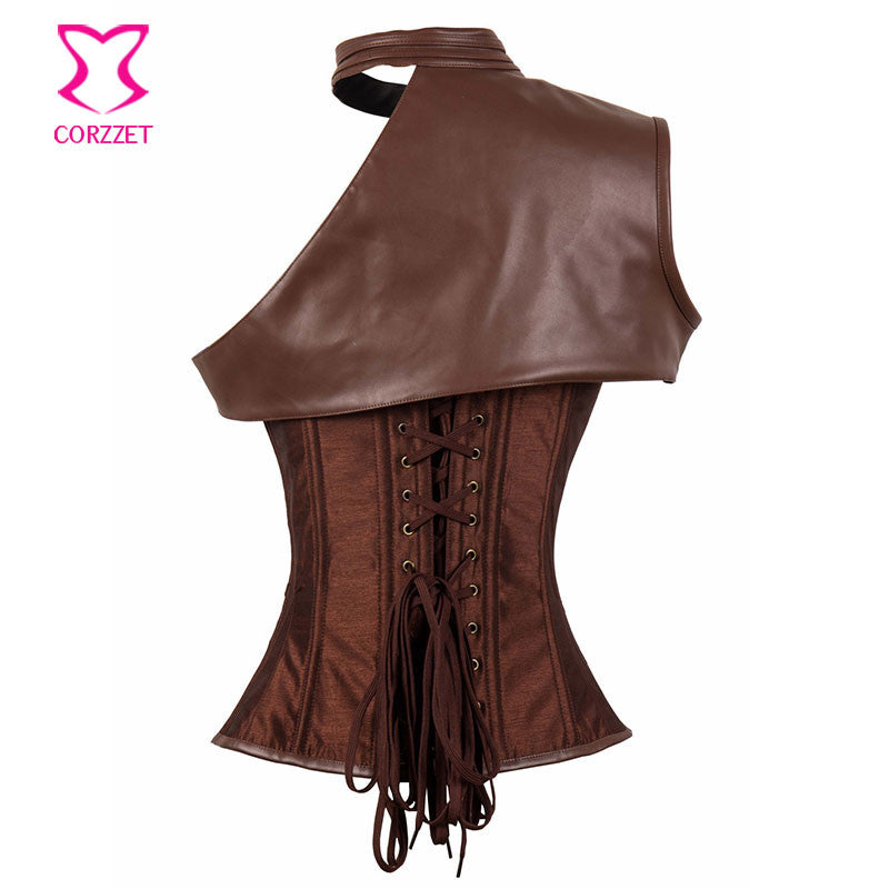 Gothic Black Leather Corset Steampunk Bustier With Shoulder Bolero - aleph-zero