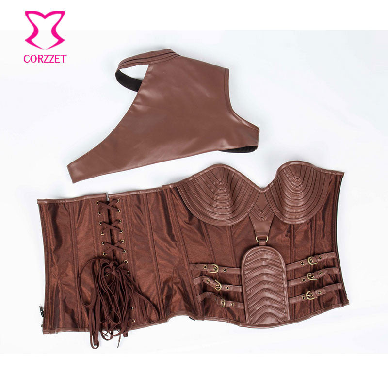 Gothic Black Leather Corset Steampunk Bustier With Shoulder Bolero - aleph-zero