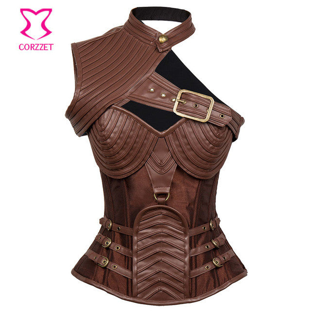 Gothic Black Leather Corset Steampunk Bustier With Shoulder Bolero - aleph-zero