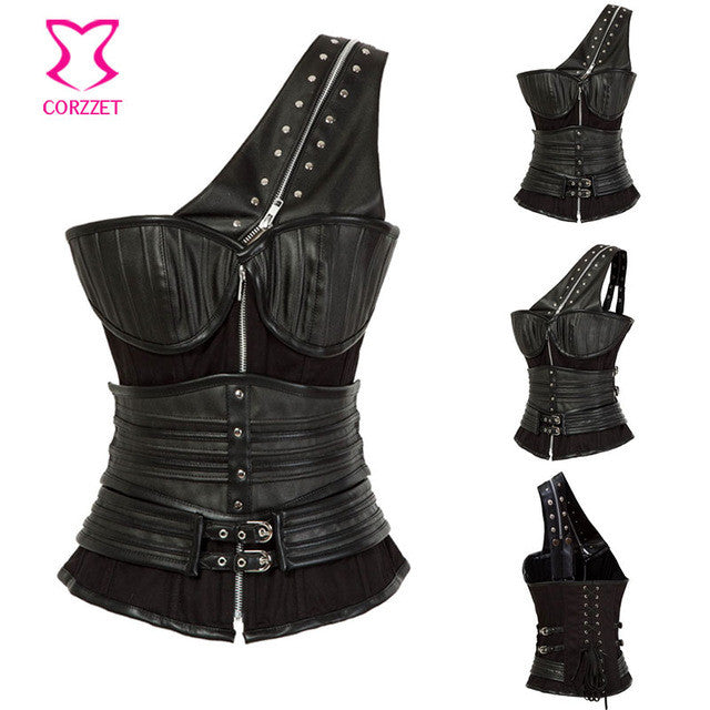 Gothic Black Leather Corset Steampunk Bustier With Shoulder Bolero - aleph-zero