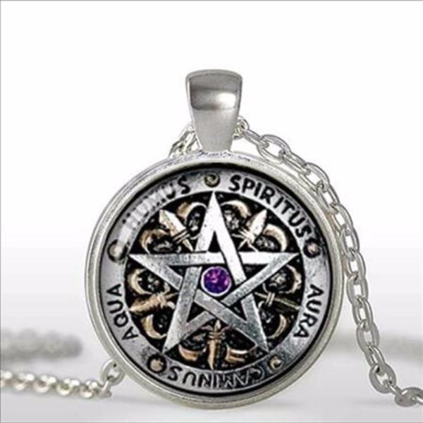 Wiccan Protection magick Pentagram Glass Dome Necklace - aleph-zero