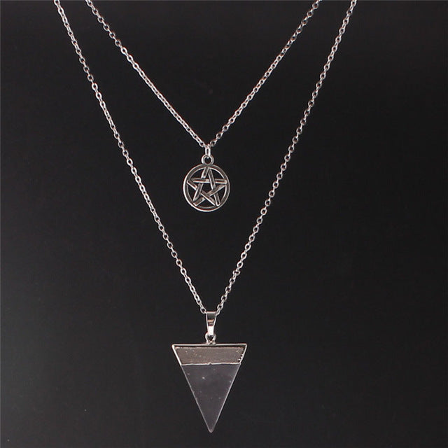 Wiccan Chakra Multi Layer Pentagram Pentacle Crystal Necklace - aleph-zero