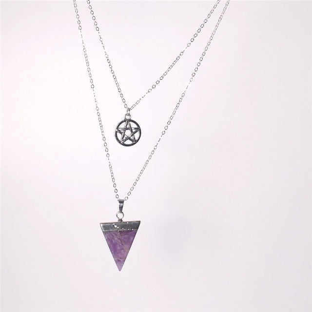 Wiccan Chakra Multi Layer Pentagram Pentacle Crystal Necklace - aleph-zero