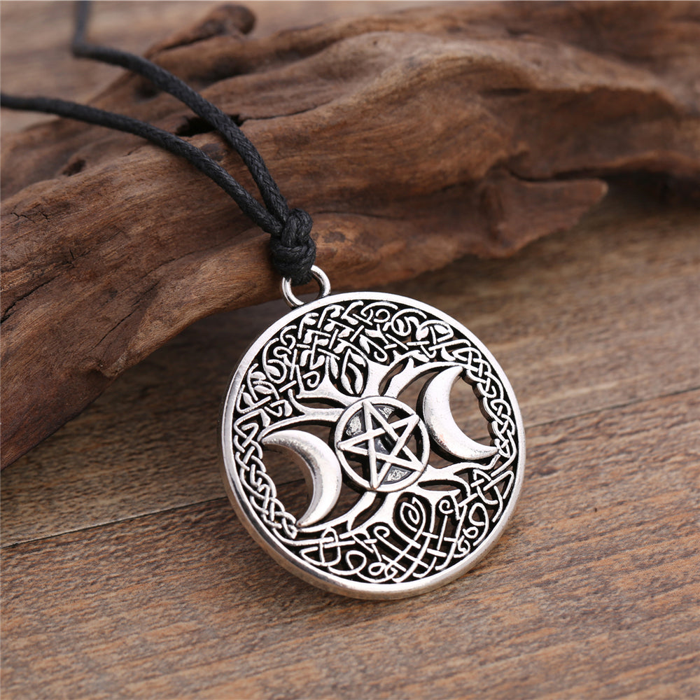Triple Moon Goddess Pentagram Magick Amulet Necklace - aleph-zero