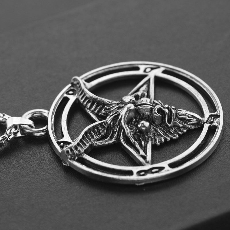 Antiqued Baphomet Goat Head on Inverted Pentagram Necklace
