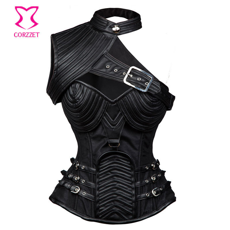 Gothic Black Leather Corset Steampunk Bustier With Shoulder Bolero - aleph-zero