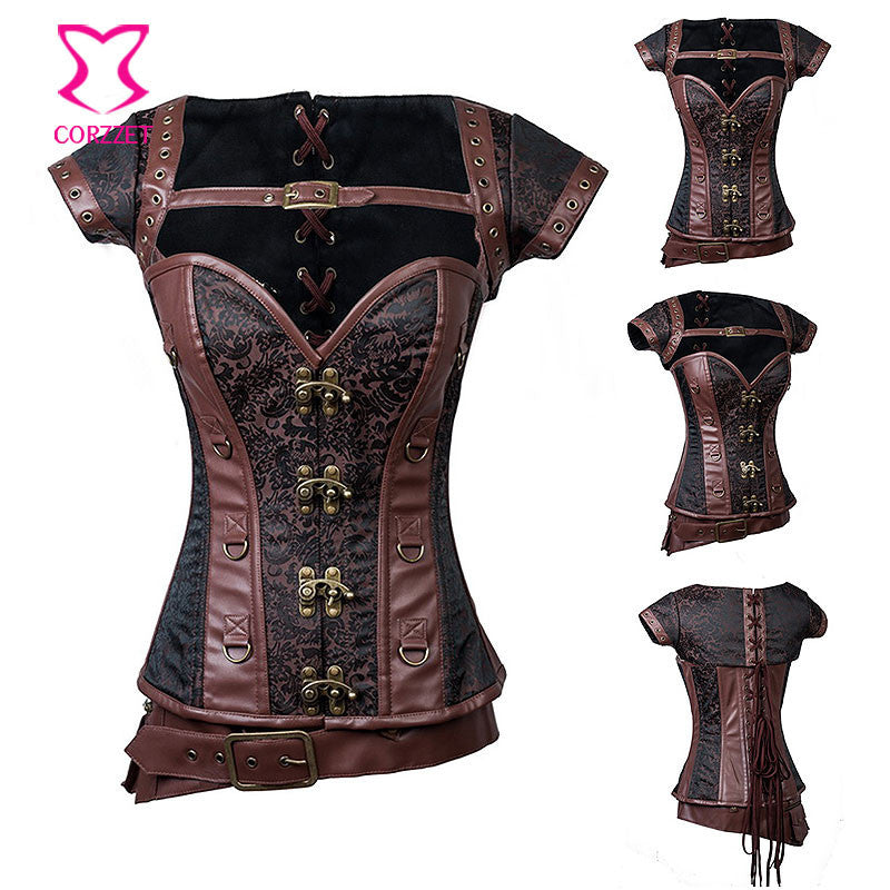 Gothic Black Leather Corset Steampunk Bustier With Shoulder Bolero - aleph-zero
