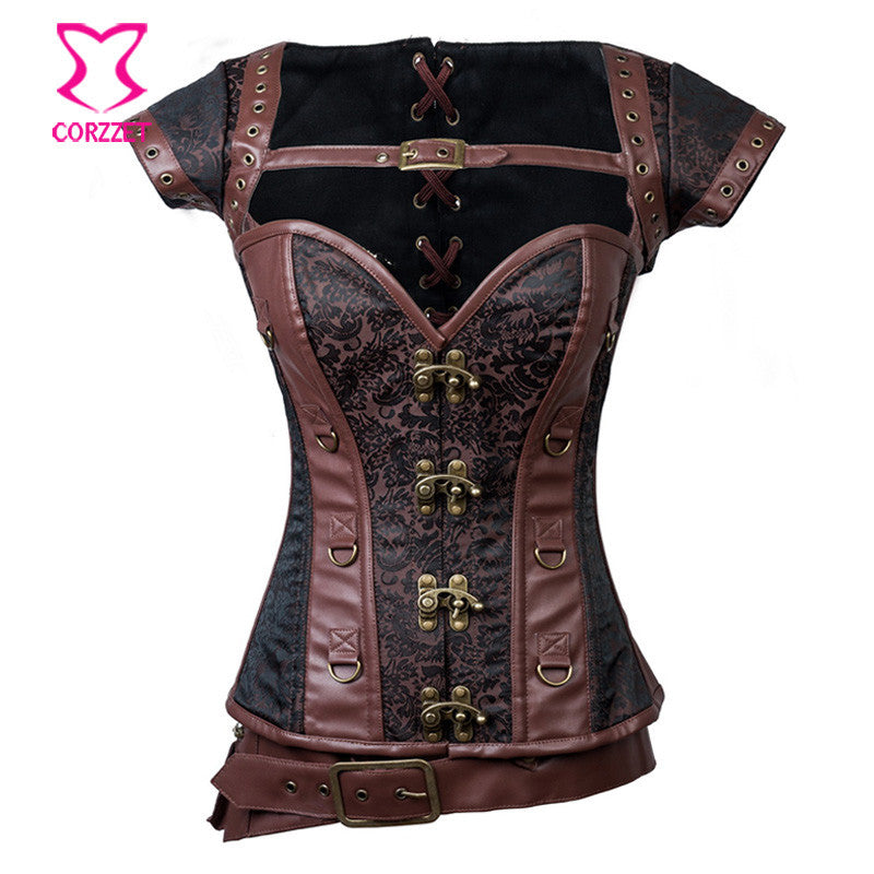 Gothic Black Leather Corset Steampunk Bustier With Shoulder Bolero - aleph-zero