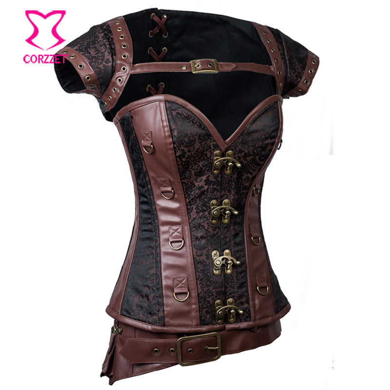 Gothic Black Leather Corset Steampunk Bustier With Shoulder Bolero - aleph-zero