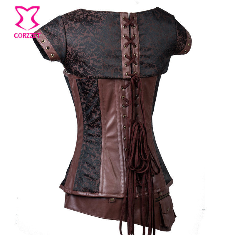 Gothic Black Leather Corset Steampunk Bustier With Shoulder Bolero - aleph-zero