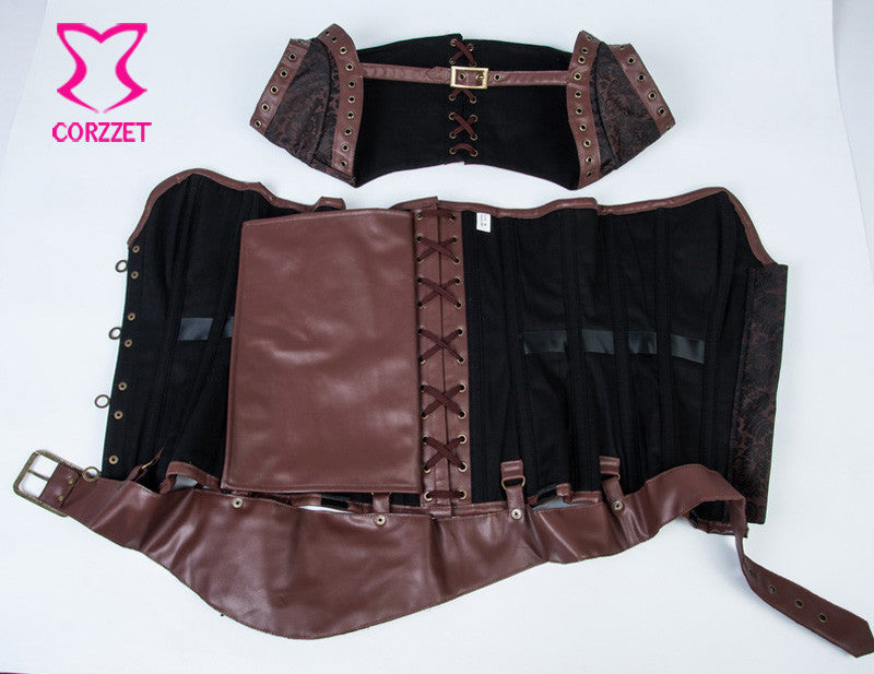 Gothic Black Leather Corset Steampunk Bustier With Shoulder Bolero - aleph-zero