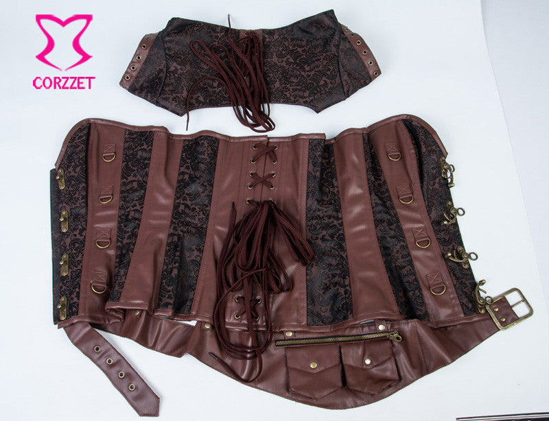 Gothic Black Leather Corset Steampunk Bustier With Shoulder Bolero - aleph-zero