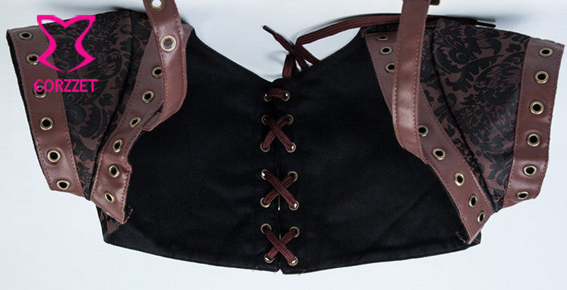 Gothic Black Leather Corset Steampunk Bustier With Shoulder Bolero - aleph-zero
