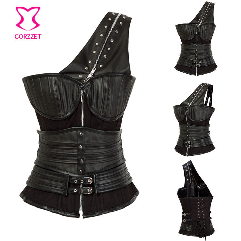 Gothic Black Leather Corset Steampunk Bustier With Shoulder Bolero - aleph-zero