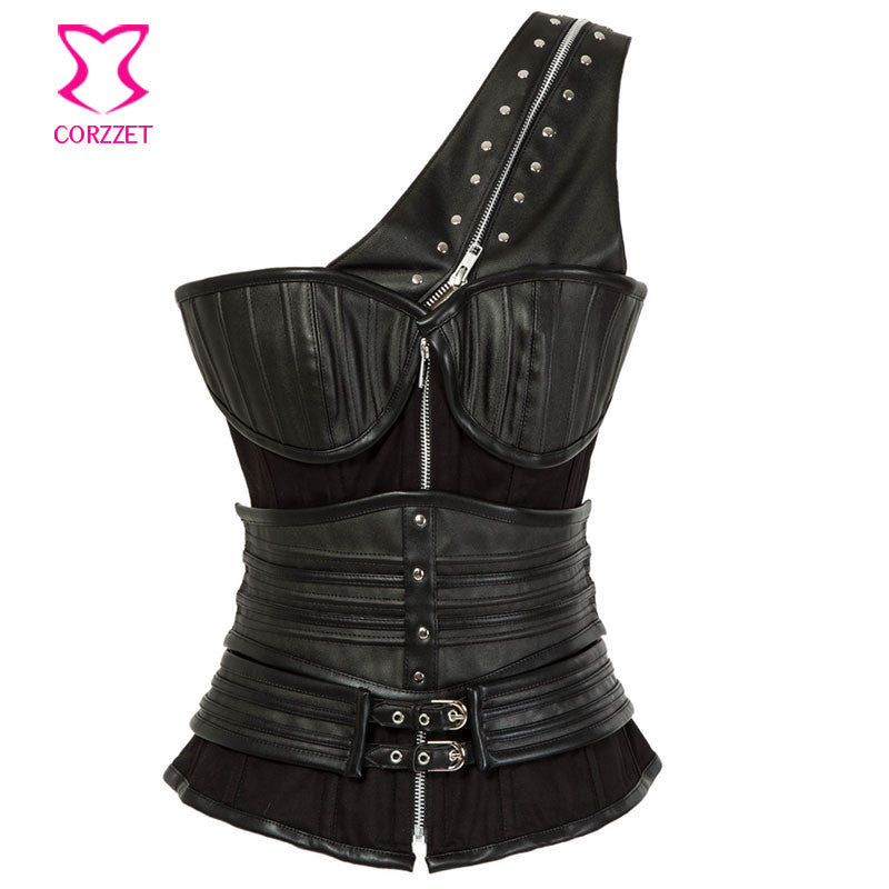 Gothic Black Leather Corset Steampunk Bustier With Shoulder Bolero - aleph-zero