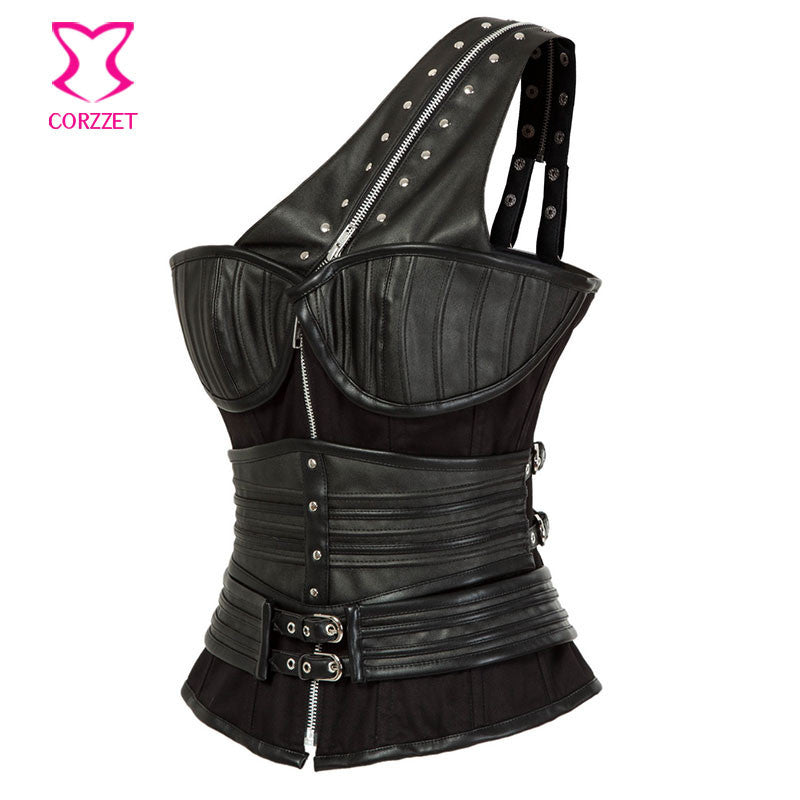 Gothic Black Leather Corset Steampunk Bustier With Shoulder Bolero - aleph-zero