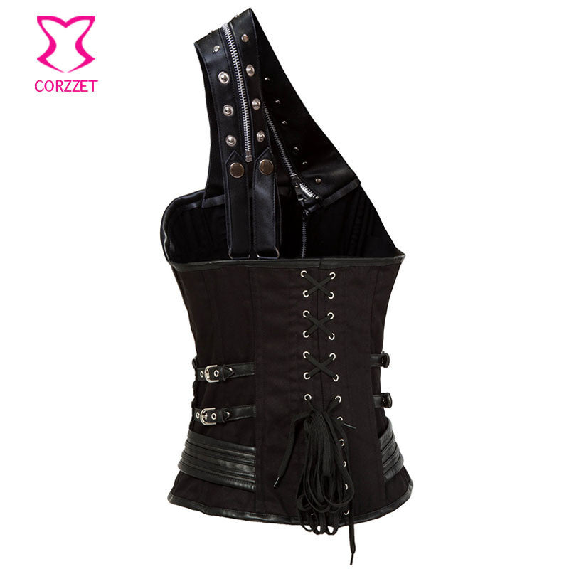 Gothic Black Leather Corset Steampunk Bustier With Shoulder Bolero - aleph-zero