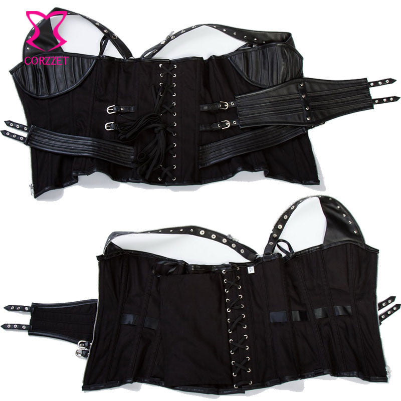 Gothic Black Leather Corset Steampunk Bustier With Shoulder Bolero - aleph-zero