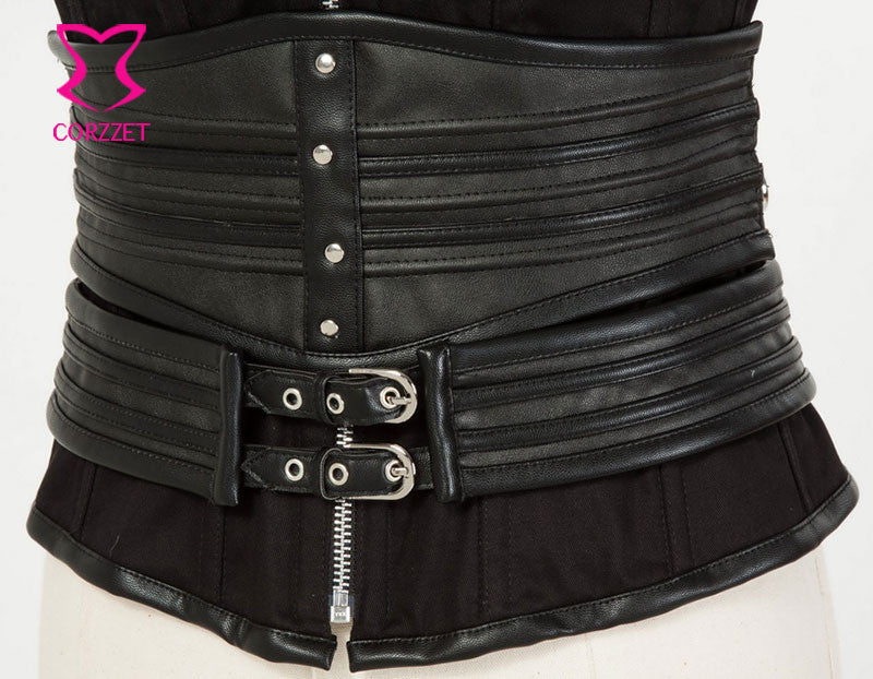 Gothic Black Leather Corset Steampunk Bustier With Shoulder Bolero - aleph-zero
