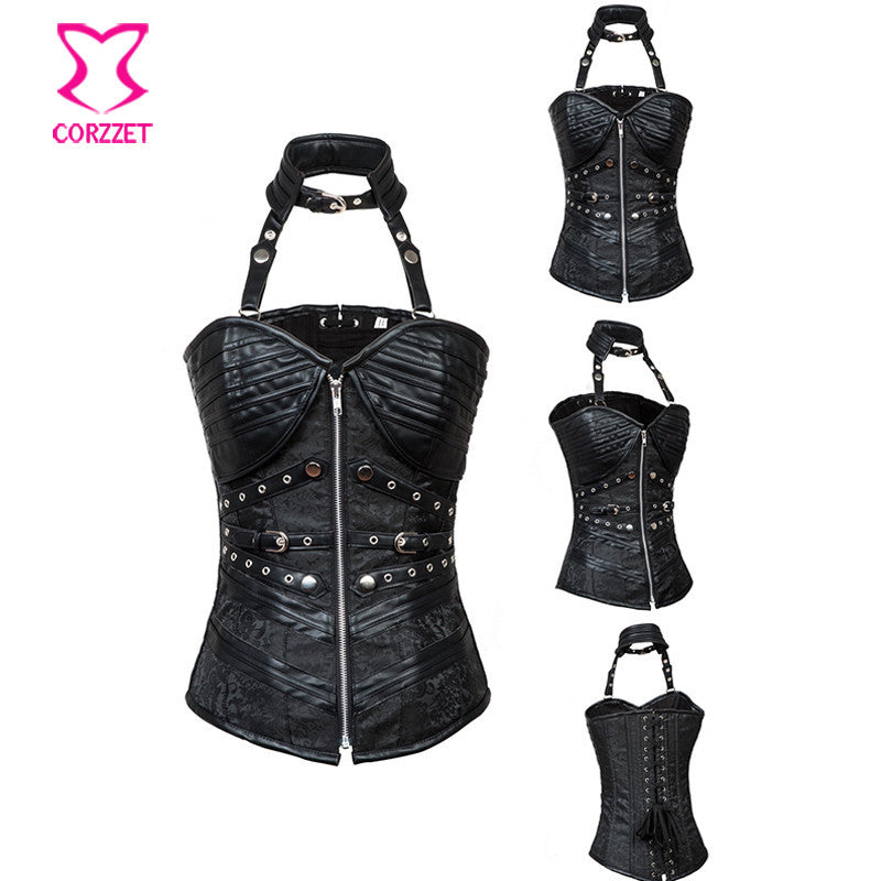 Gothic Black Leather Corset Steampunk Bustier With Shoulder Bolero - aleph-zero