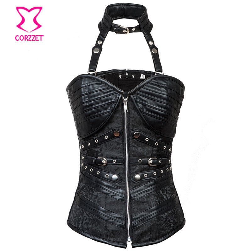 Gothic Black Leather Corset Steampunk Bustier With Shoulder Bolero - aleph-zero