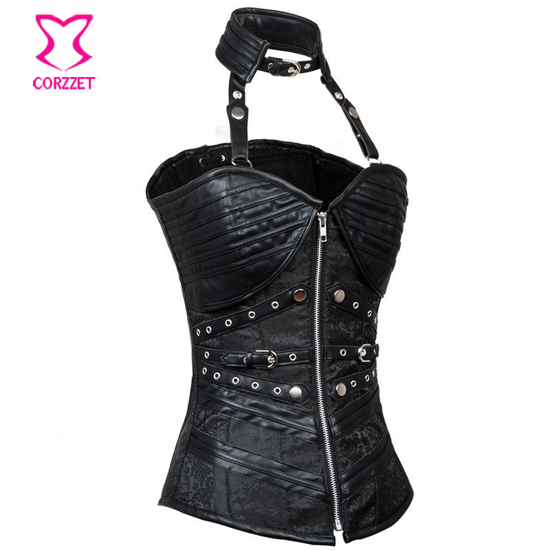 Gothic Black Leather Corset Steampunk Bustier With Shoulder Bolero - aleph-zero
