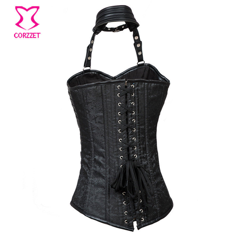 Gothic Black Leather Corset Steampunk Bustier With Shoulder Bolero - aleph-zero