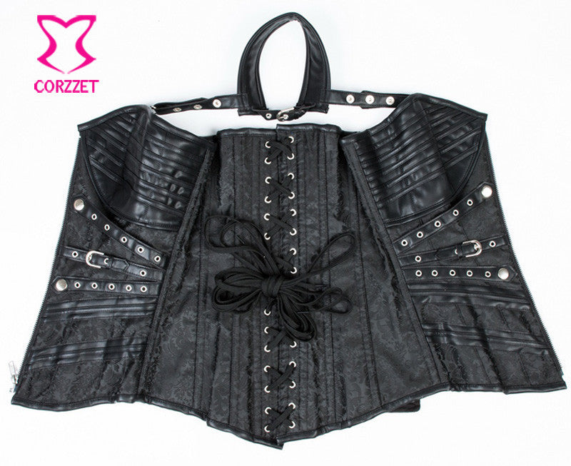 Gothic Black Leather Corset Steampunk Bustier With Shoulder Bolero - aleph-zero