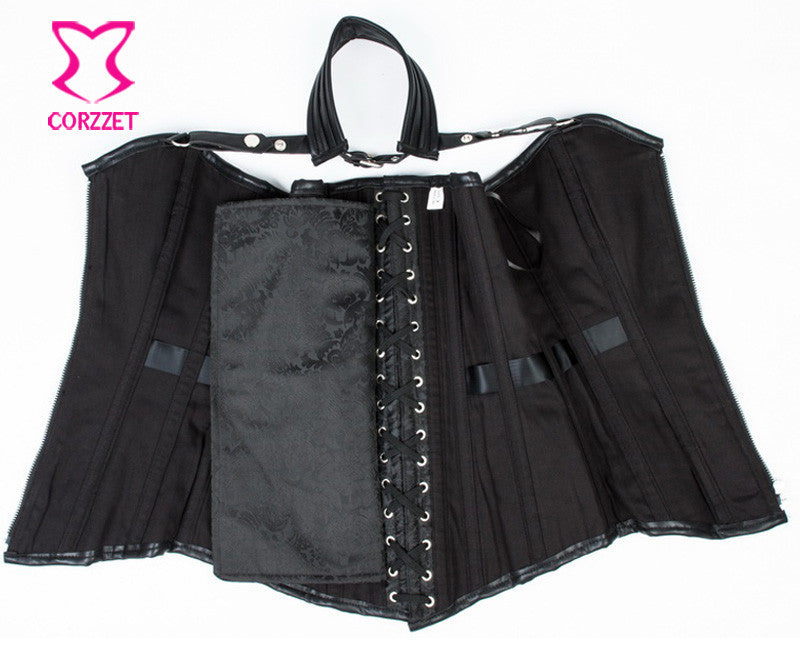 Gothic Black Leather Corset Steampunk Bustier With Shoulder Bolero - aleph-zero