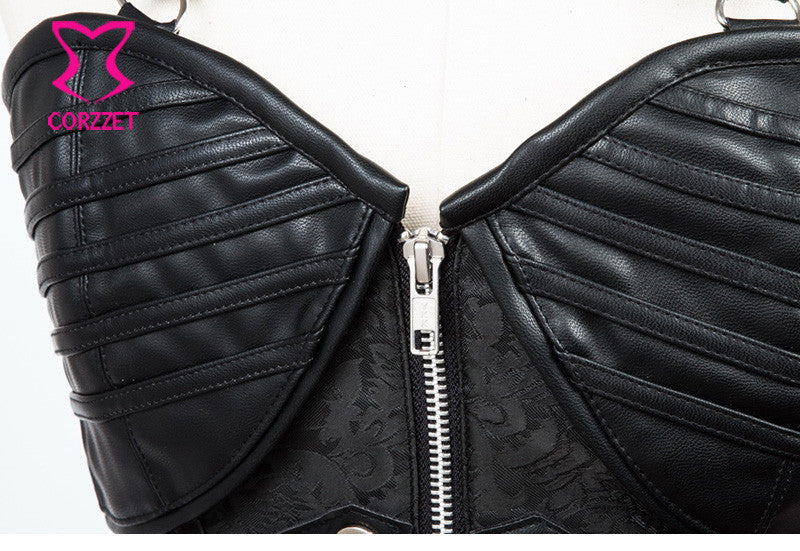 Gothic Black Leather Corset Steampunk Bustier With Shoulder Bolero - aleph-zero