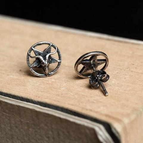 Vintage Sigil of Baphomet Satanic Silver Stud Earrings