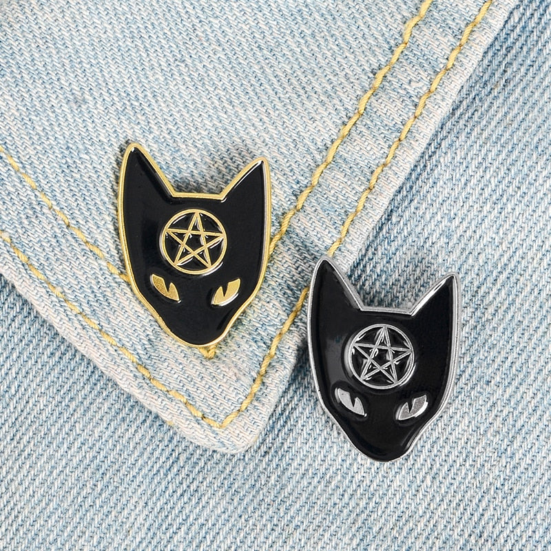 Black Pentagram Cat Wicca brooches