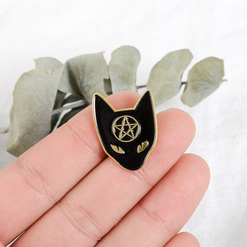 Black Pentagram Cat Wicca brooches