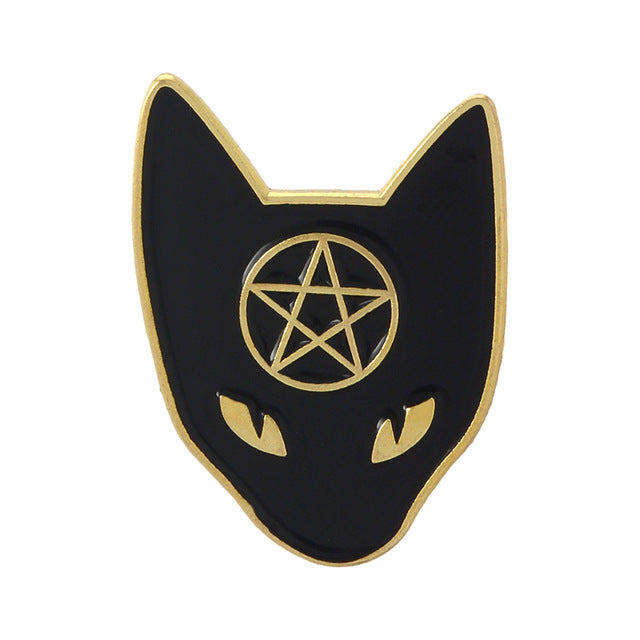 Black Pentagram Cat Wicca brooches