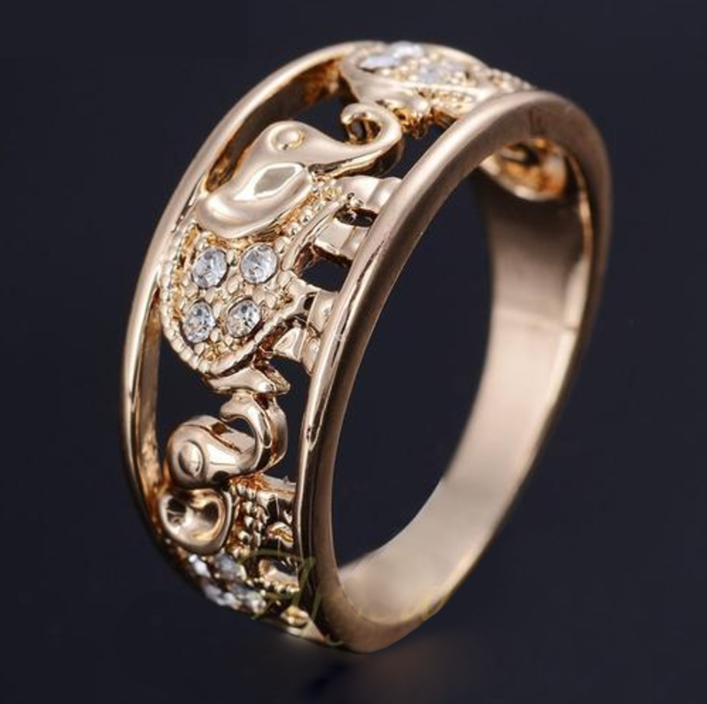Elephant elegant Gold Plated CZ Diamond Ring for luck, fortune, protection and beauty - aleph-zero