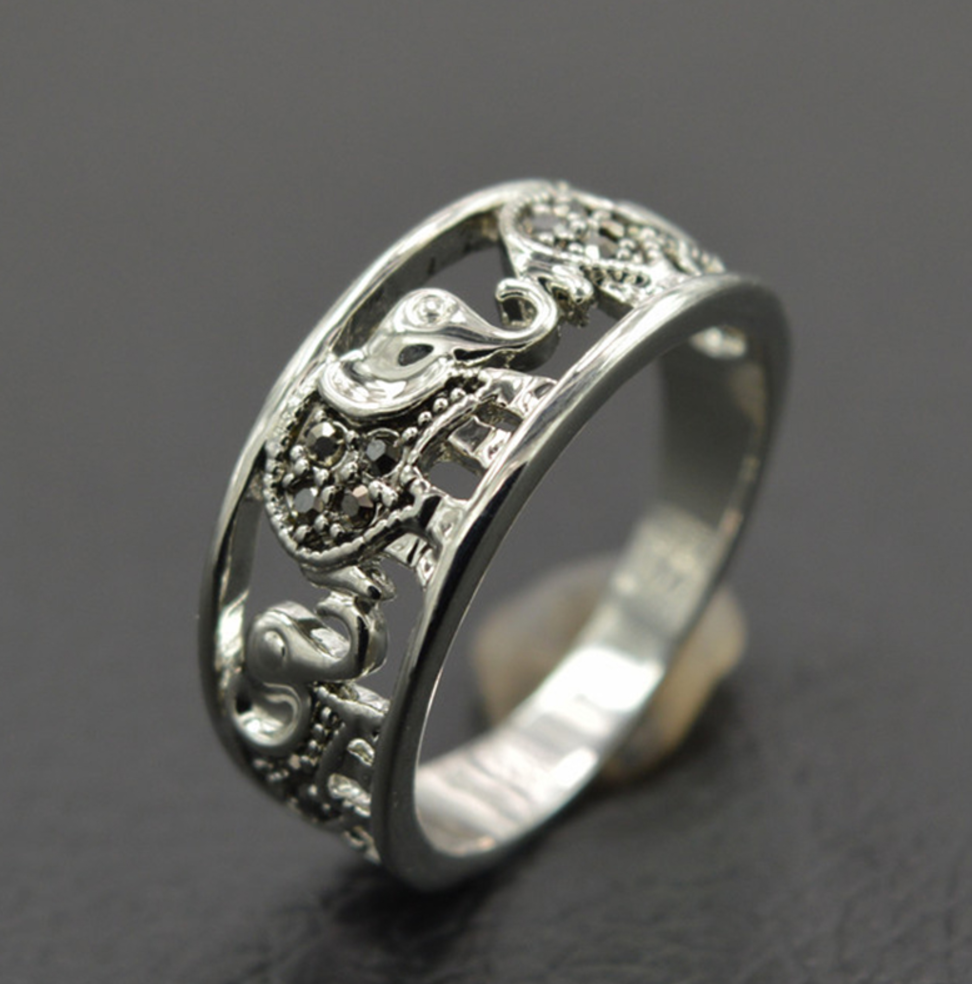 Vintage Elephant Ring, 18K White Gold Plated, Black Rhinestones - aleph-zero