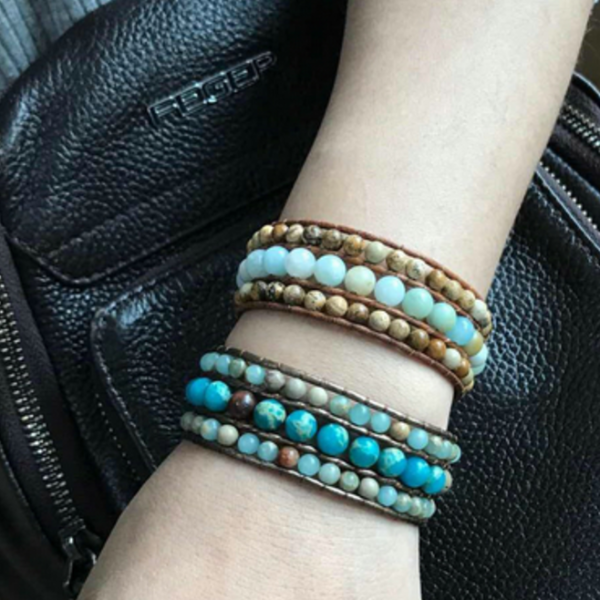 Handmade inspirational leather bracelet -Unique Japser Stone - aleph-zero
