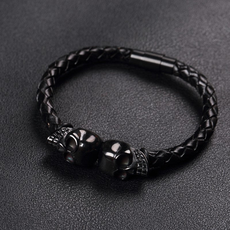 Skull Black Braided Leather Bracelets - aleph-zero