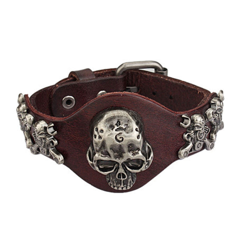 Evil Skull Genuine Leather Wrap Ride Bracelet - aleph-zero