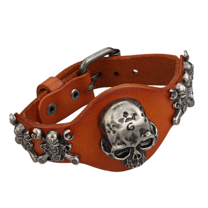 Evil Skull Genuine Leather Wrap Ride Bracelet - aleph-zero