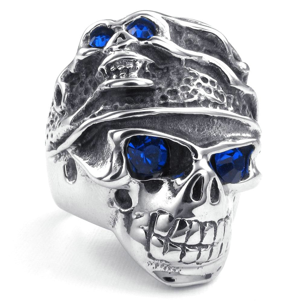 Stainless steel Skull Men's Blue Zircon Ring - aleph-zero