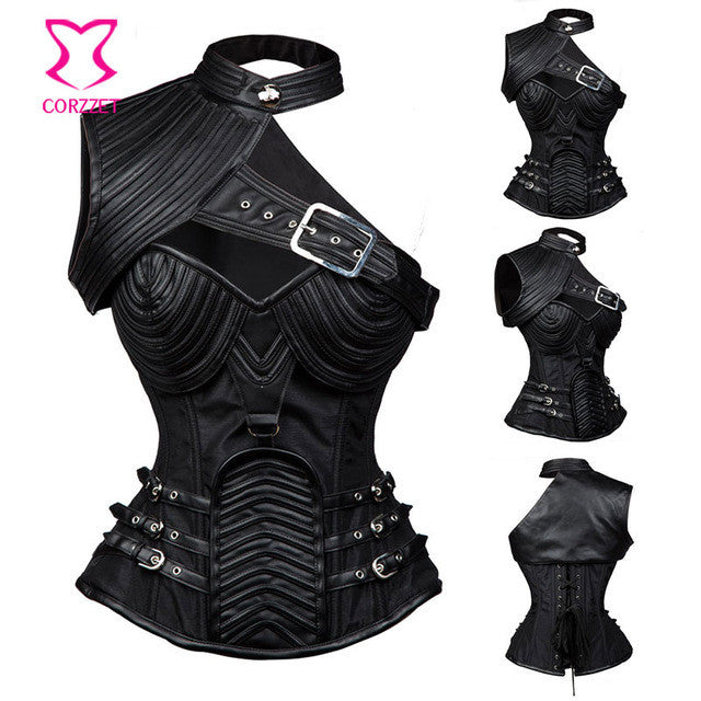 Gothic Black Leather Corset Steampunk Bustier With Shoulder Bolero - aleph-zero