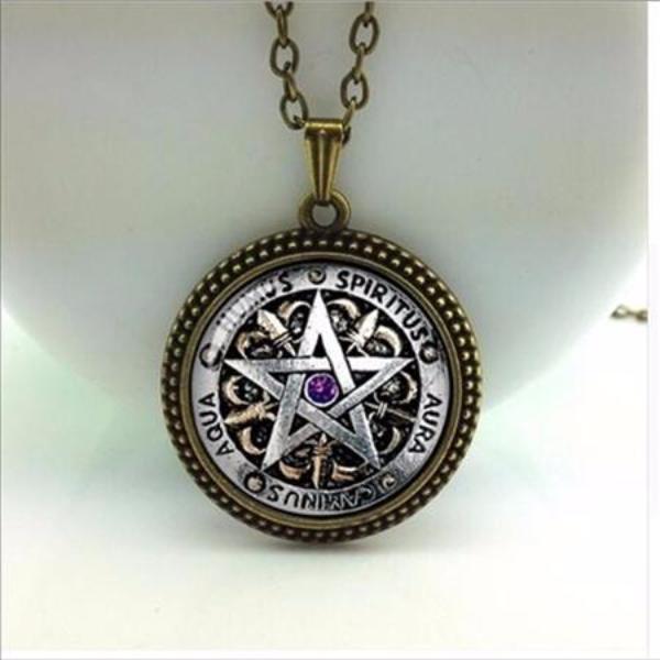 Wiccan Protection magick Pentagram Glass Dome Necklace - aleph-zero