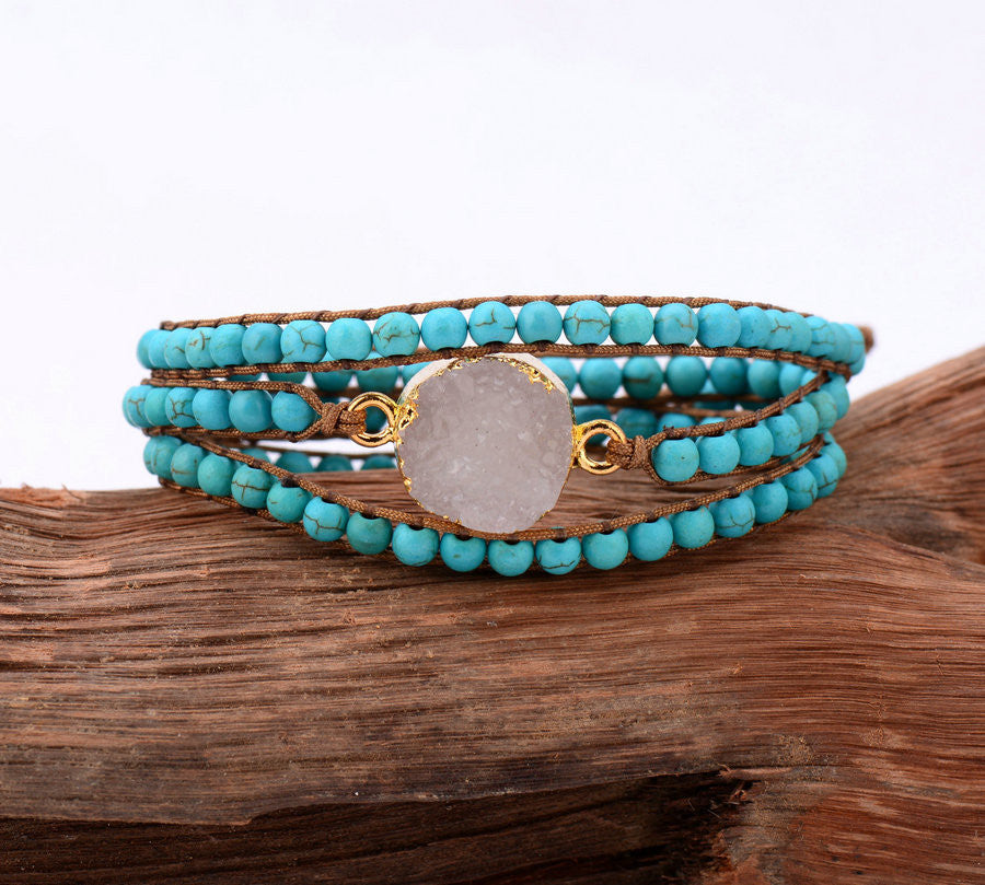 Handmade Bohemian Weaving Bracelet ,Druzy Turquoise with Gilded - aleph-zero