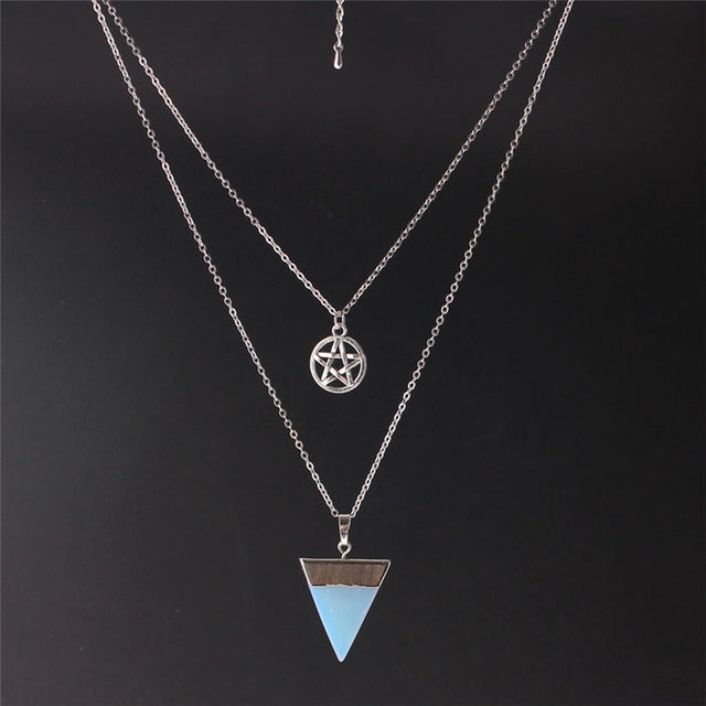 Wiccan Chakra Multi Layer Pentagram Pentacle Crystal Necklace - aleph-zero