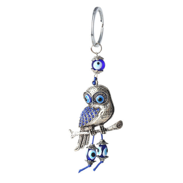 Antique Vintage Silver Owl Keychain Blue Glass Bead - aleph-zero